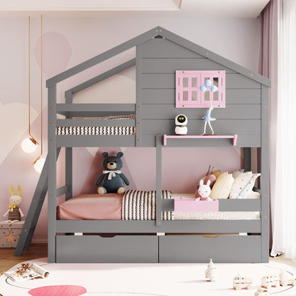 Harper & Bright Designs House Bunk Bed for Kids, Twin Over Twin Bunk Beds with Storage Drawers & Shelf, Solid Wood Bunk Bed with Roof & Window for Kids Girls Boys Teens,Gray