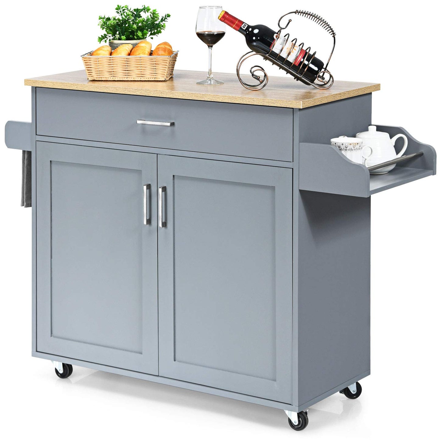 Giantex Kitchen Island, Rolling Kitchen Cart with Spice and Towel Rack, Large Drawer & 2-Door Storage Cabinet, Home Service Cart on Lockable Wheels, Wood Kitchen Trolley, Spacious Tabletop (Gray)