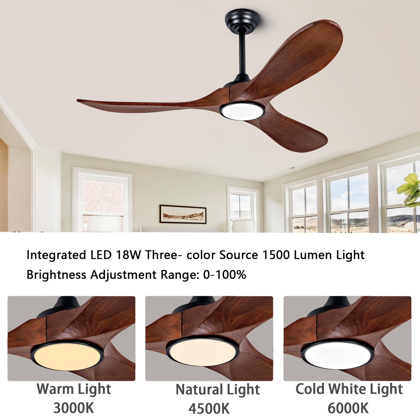 dearnow 52" wood ceiling fan with light with remote control, indoor outdoor wood ceiling fan with 3 wood blades for patio, living room, dining room, pavilion yard, etc (black + walnut)