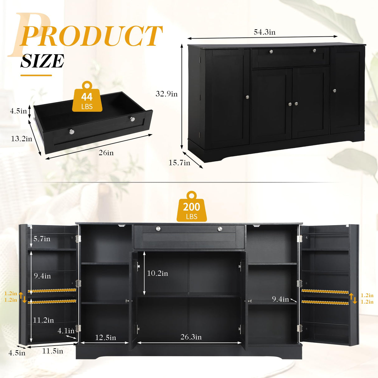 MAIBH 54" Buffet Cabinet with Drawer, Modern Kitchen Pantry Sideboard Storage Cabinets with 4 Doors and Adjustive Shelves, Coffee Bar Cabinet Buffet Table with Large Storage for Living Room (Black) MAIBH