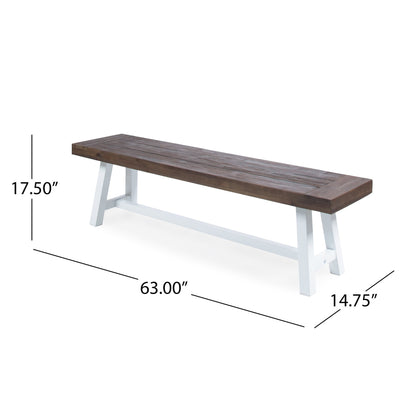 Cytheria Indoor Farmhouse Dark Brown Sandblast Finish Acacia Wood Dining Bench with White Rustic Metal Finish Frame - WoodArtSupply