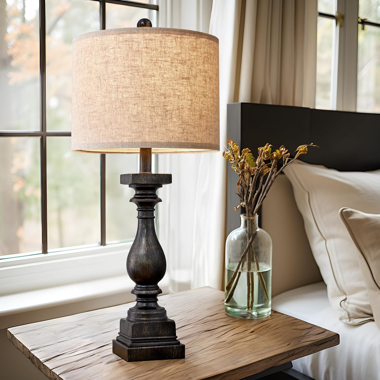 BOBOMOMO 27" Farmhouse Table Lamp Set of 2 with USB A+C for Bedroom Living Room Vintage Rustic Traditional Nightstand Bedside Lamps Retro Side Table Lamps (Black) BOBOMOMO