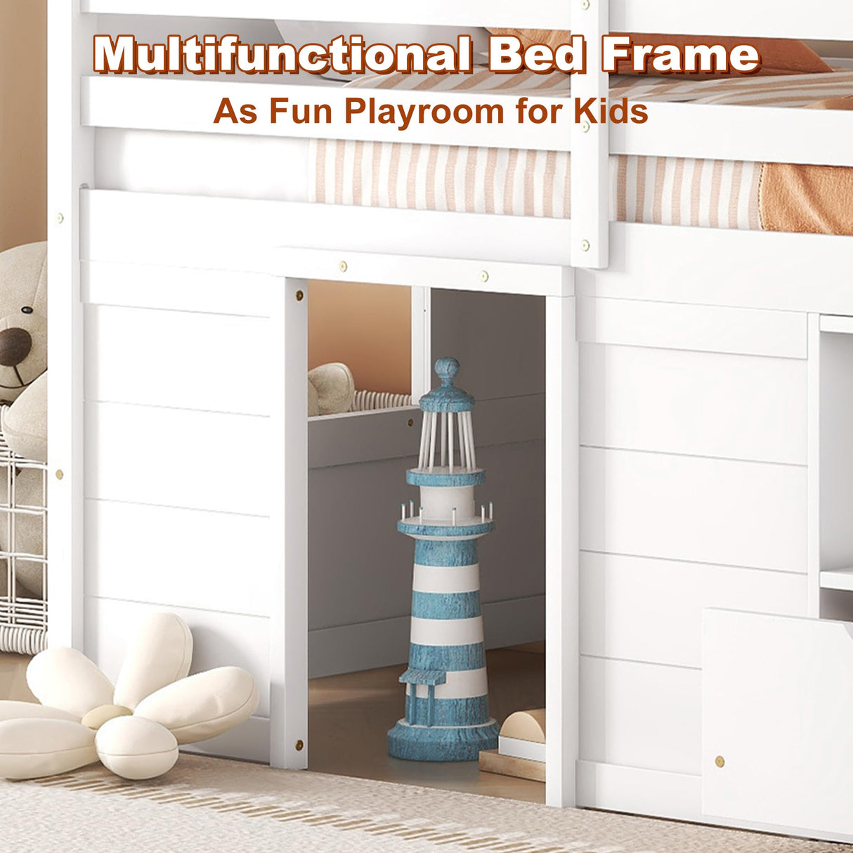 Osparple Twin Size Low Loft Bed, Kids Bed Frame with Shelf, Drawer and Stairs for Girls, Boys, Loft Bed with Storage, Strong Wood Slats Support, White Osparple