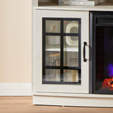 AMERLIFE Curved Fireplace TV Stand with 26'' Electric Fireplace, Media Entertainment Center Farmhouse Glass Door Storage Cabinet, Open Shelve Console Table for TVs up to 65'', Distressed White AMERLIFE