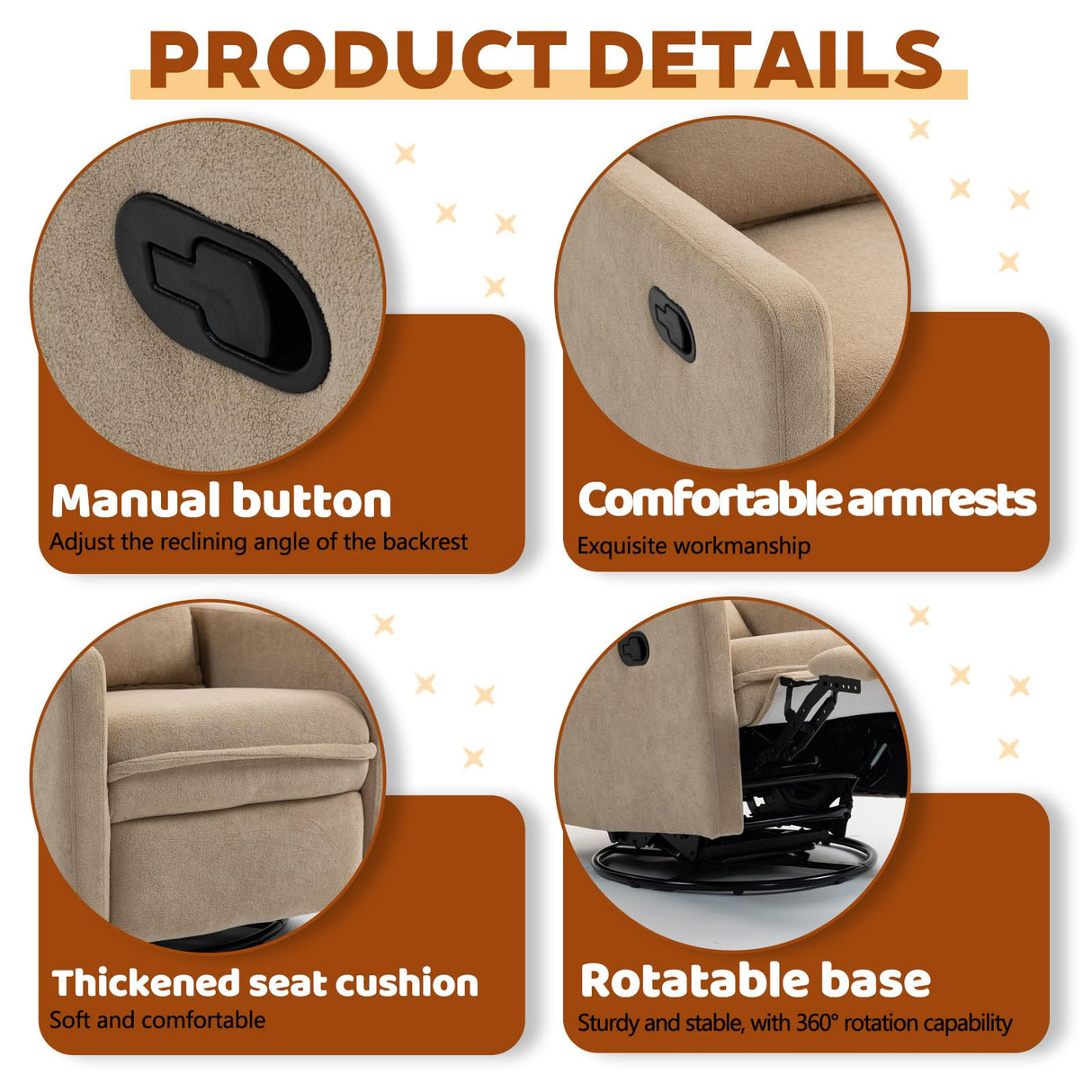 Rocker Recliner Chair for Adults, Swivel Rocker Recliner Chairs with Armrests, Glider Recliner Nursery Chair with Black Metal Base, Small Recliners for Small Spaces, Living Room (Camel) Anwick