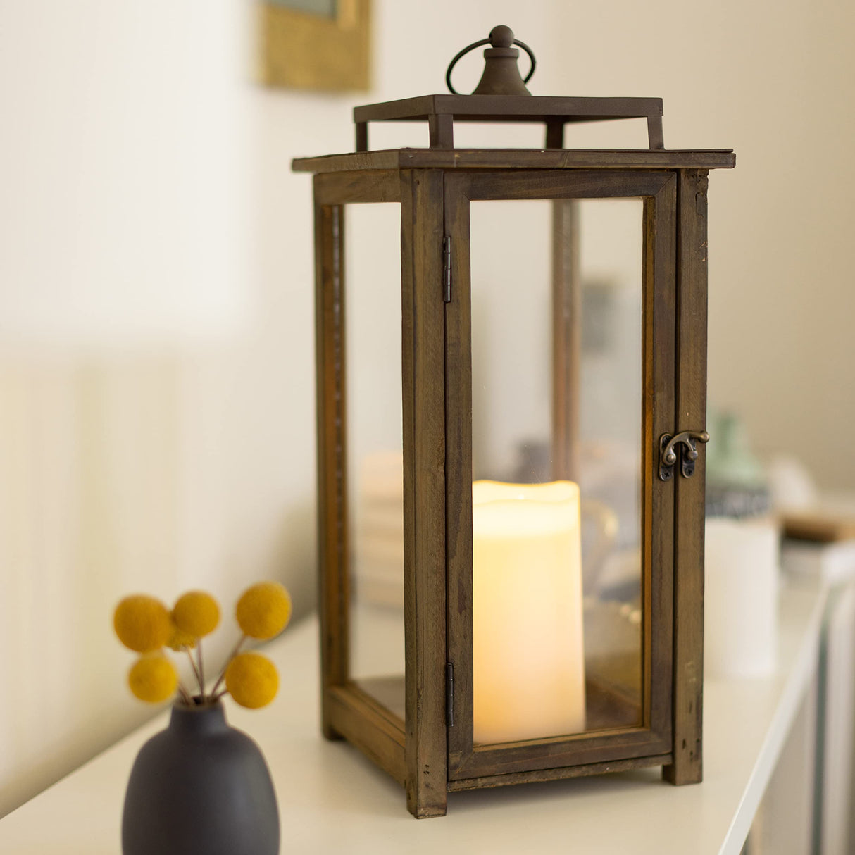 Stonebriar 18 Inch Rustic Wooden Candle Hurricane Lantern, For Table Top, Mantle, Wall Hanging, or Garden Display, Indoor & Outdoor Use, Extra Large Stonebriar