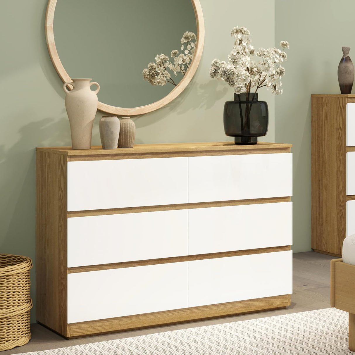 YIGOBUY 6 Drawer Double Dresser, Modern White Wood Chest of Drawers, Wide Natural Wood Dresser for Bedroom, Nursery, Living Room, Large Storage Cabinet YIGOBUY