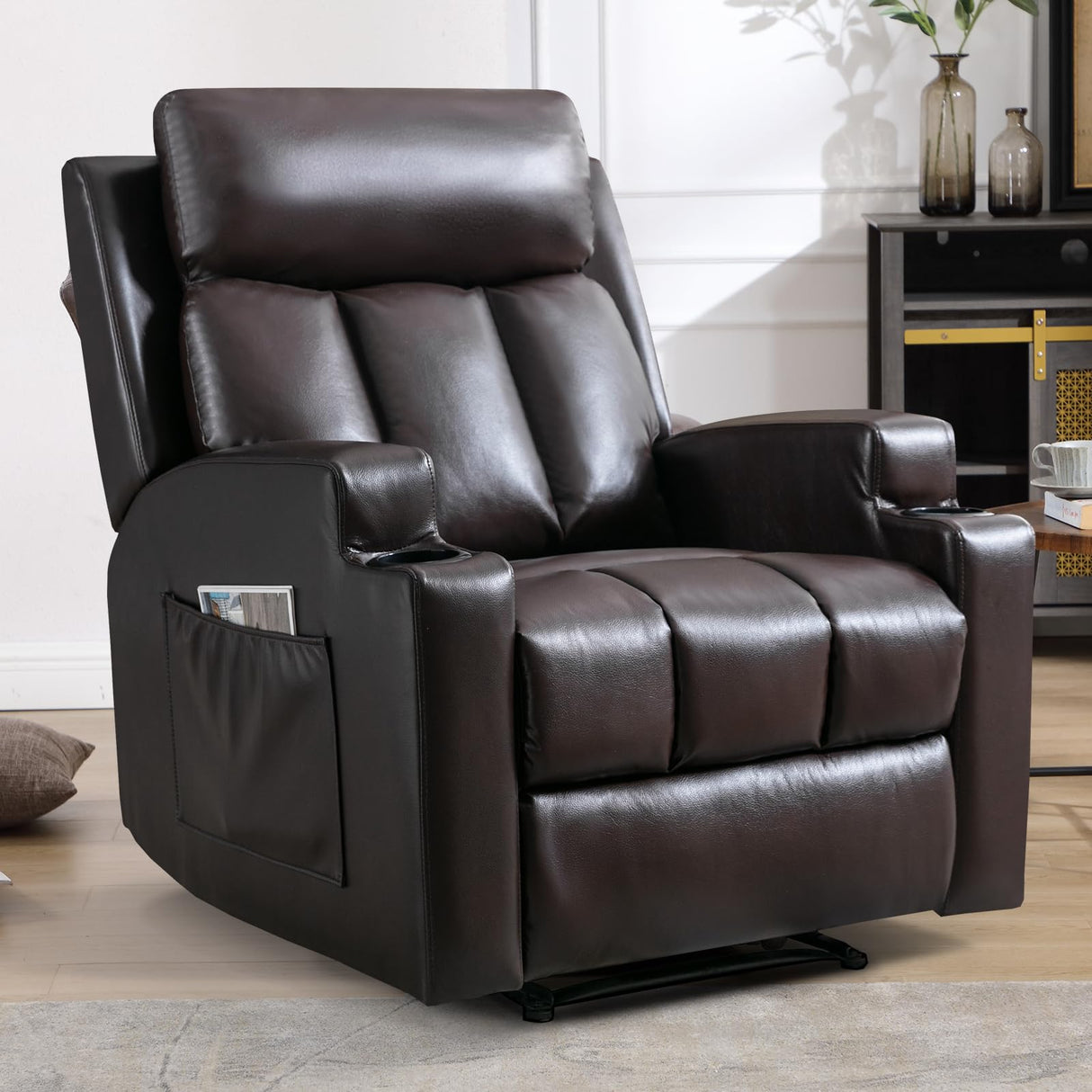 CANMOV Manual Recliner Chair with Massage and Heat,Breathable Leather Recliner Chair with Armrest and Backrest, Manual Reclining Single Sofa with 2 Cup Holders, Side Pocket for Living Room,Dark Brown CANMOV
