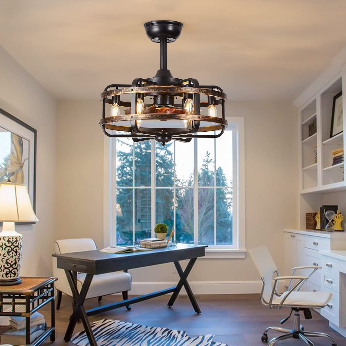 IYUNXI Caged Ceiling Fans with Lights Farmhouse, 18 Inch Flush Mount Vintage Bladeless Rustic Chandeliers Fan Remote Bedroom 6 Light E12 Bulb Base IYUNXI