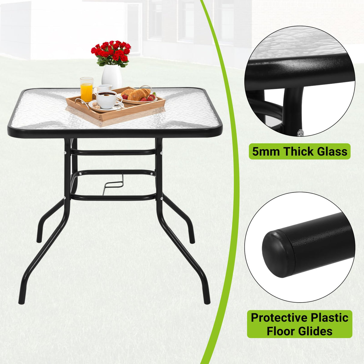 RROCOSIA 32 Inch Outdoor Bistro Table, Square Patio Table Tempered Glass Bistro Dining Set with Umbrella Hole for Garden, Balcony, Yard, Bars & Restaurant RROCOSIA