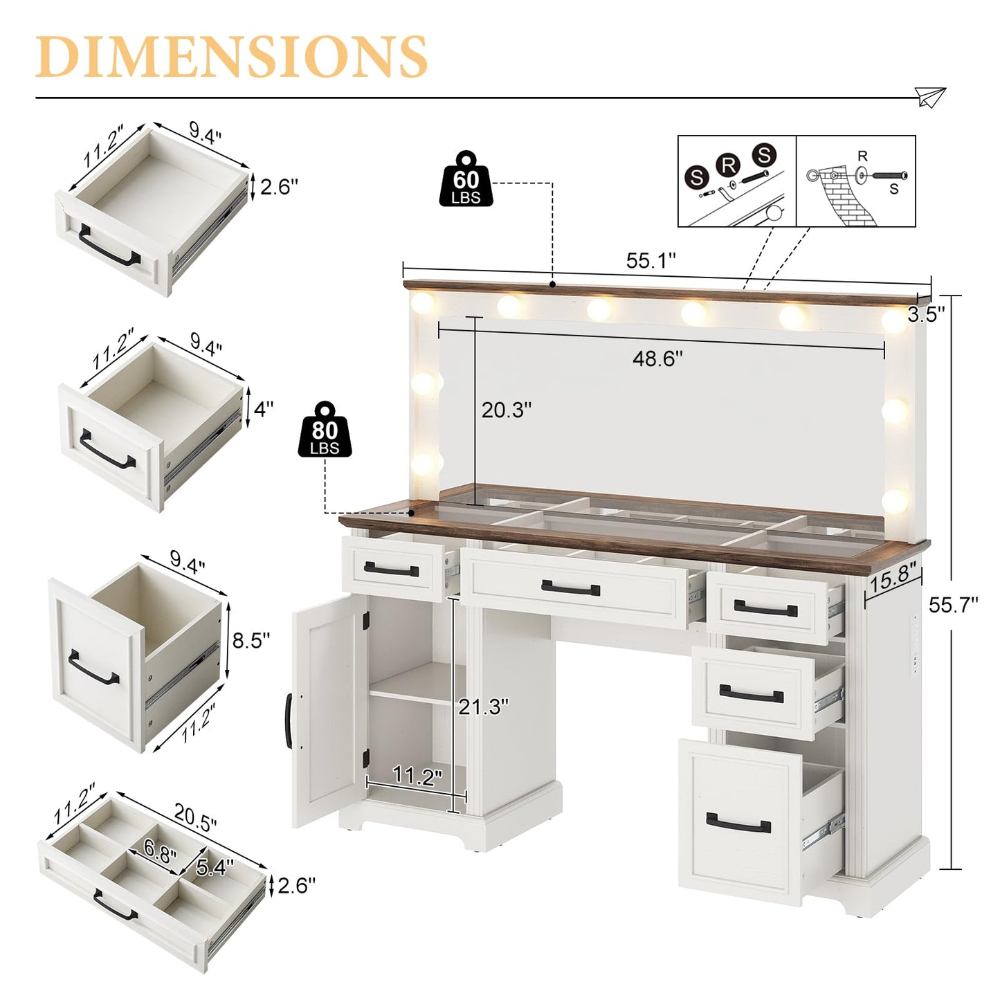 YUMPIE 55”Farmhouse Vanity Desk with Large Mirror & Lights, Glass Top Large Makeup Vanity Table with 10 Hollywood Lights Bulbs, Charging Station, 5 Drawers, Dressing Table for Bedroom, Rustic White