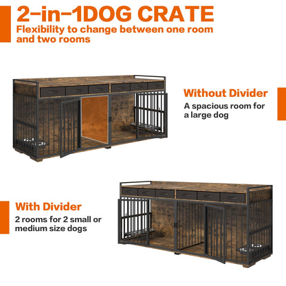 Dog Crate Furniture,86.6 Inch Heavy Duty Metal Frame Double Dog Crate Kennel Cage Furniture with 6 Fabric Storage Drawers,Adjustable Feeder Bowls & Removable Divider - WoodArtSupply