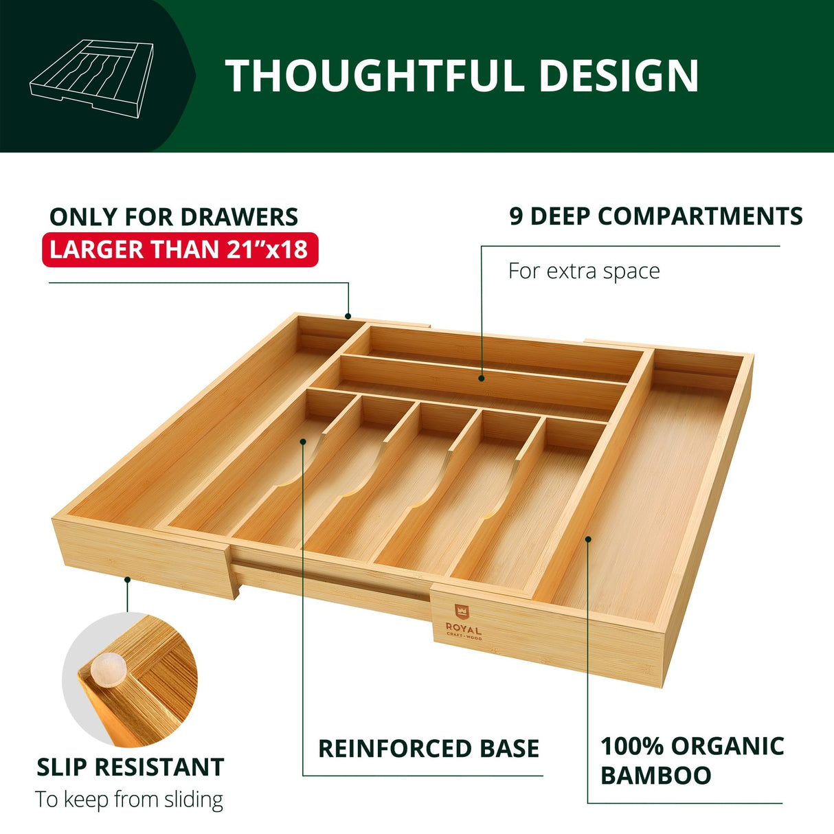 Luxury Bamboo Kitchen Drawer Organizer - Silverware Organizer - Utensil Holder and Cutlery Tray with Grooved Drawer Dividers for Flatware and Kitchen Utensils (9 Slot, Natural) ROYAL CRAFT WOOD