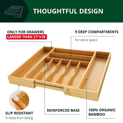 Luxury Bamboo Kitchen Drawer Organizer - Silverware Organizer - Utensil Holder and Cutlery Tray with Grooved Drawer Dividers for Flatware and Kitchen Utensils (9 Slot, Natural)