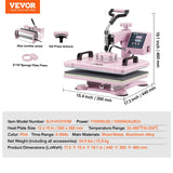 VEVOR Heat Press Machine 5 in 1 Combo with 30 OZ Tumbler Press & Hat Press, Slide Out 12x15 Inch Heat Press Sublimation Machine for T-Shirts, Hats Caps Tumblers Glass Cans Mugs, and Plates (Pink) VEVOR