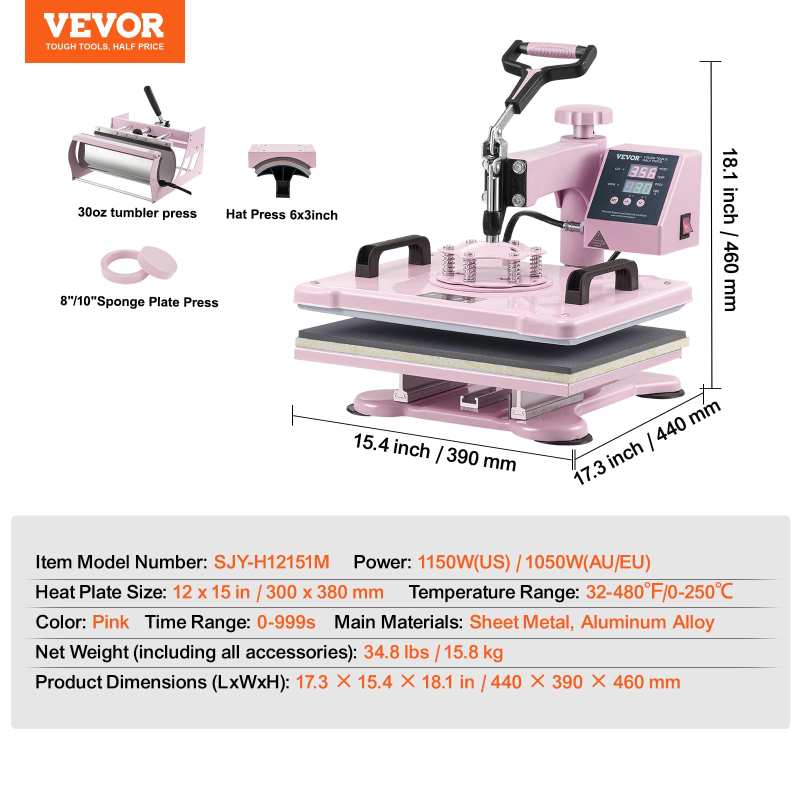 VEVOR 5 in 1 Heat Press Machine, Heat Transfer Machine with 30 oz Tumbler Press, 12 x 15 inch, 360° Swing Away T-Shirt Pressing, Fast Even Heating, for T-Shirts/Mugs/Plates/Hats, Pink - WoodArtSupply