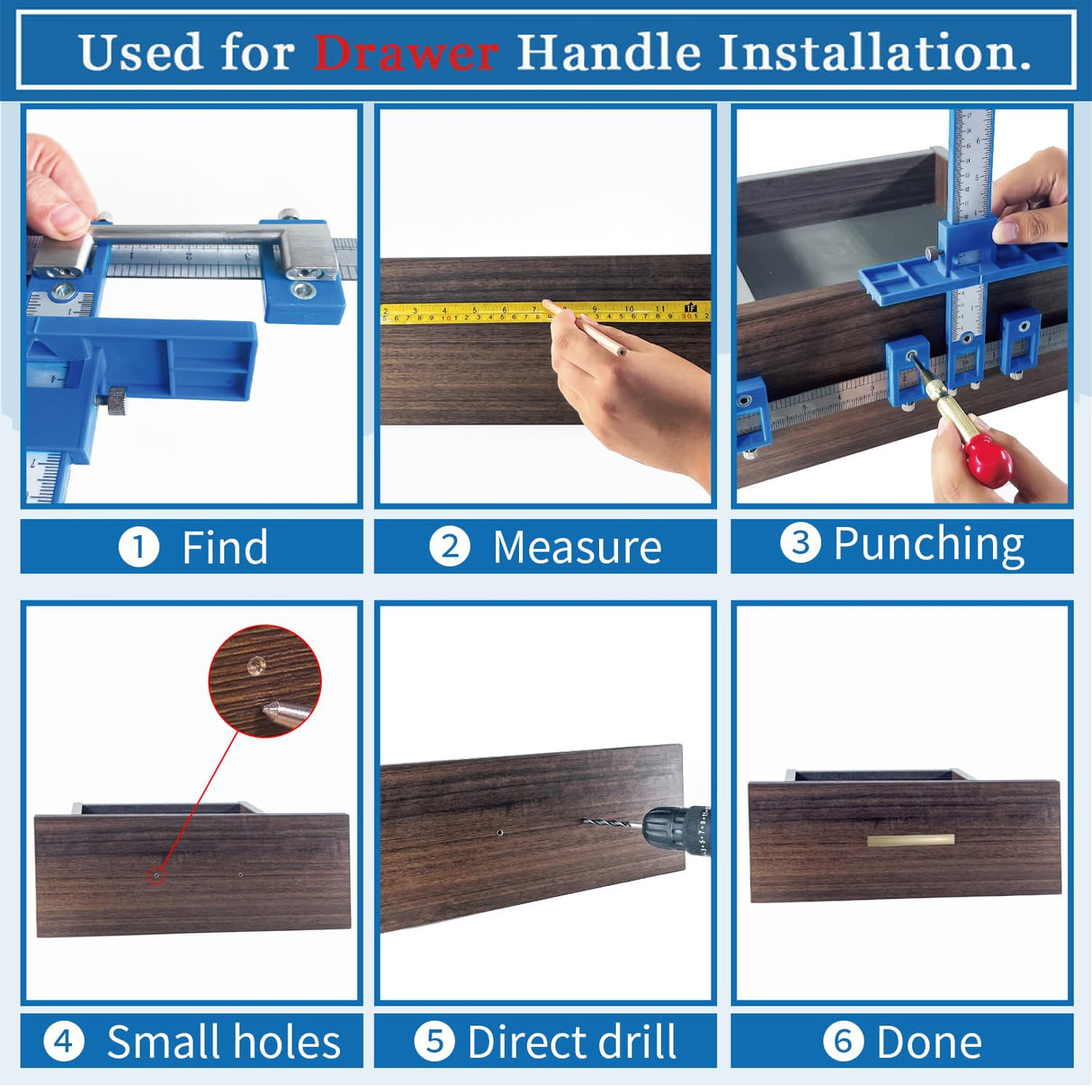 Cabinet Hardware Jig, King&Charles Cabinet Handle Jig + Automatic Hole Punch + Point Drill Bits, Use for Handles Knobs Pulls on Drawers/Doors, Wood Drilling Dowelling Guide Set. King&Charles