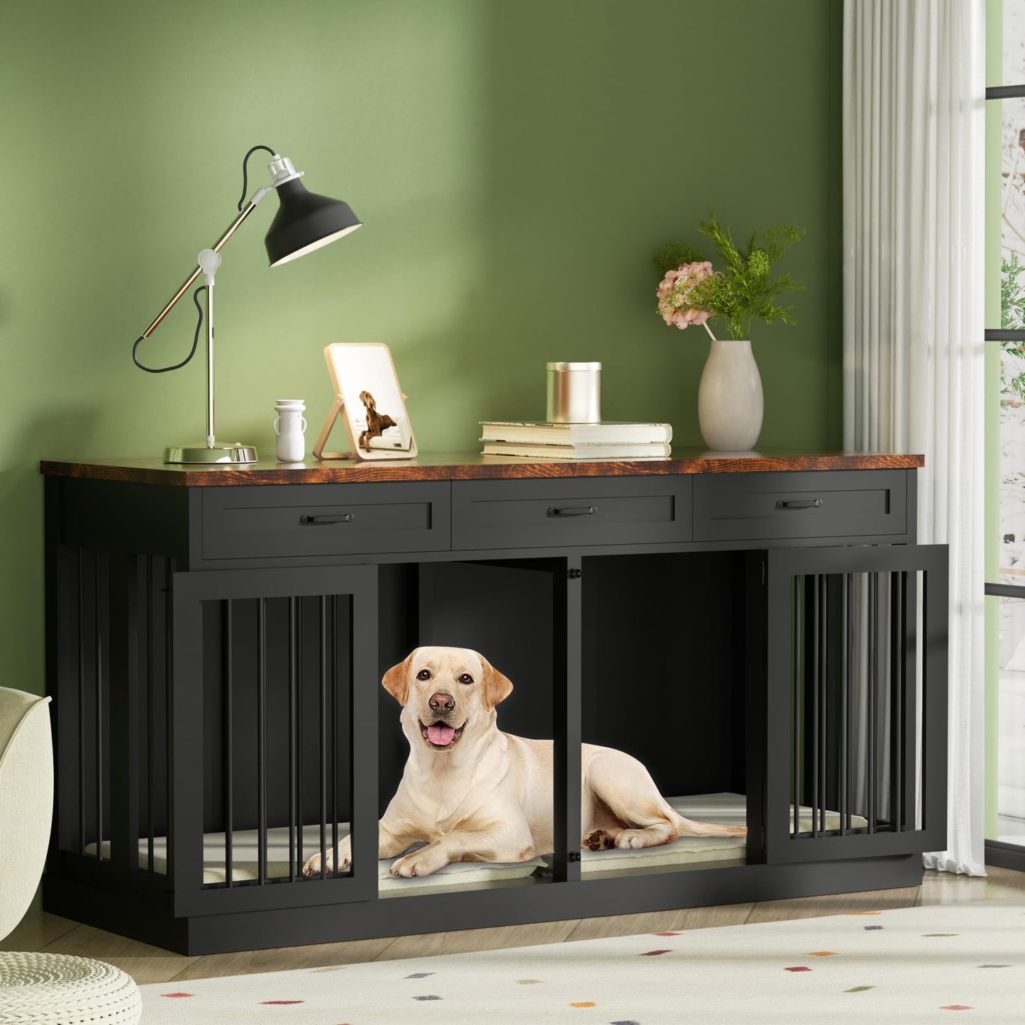 63 inches Large Dog Crate Furniture for 2 Dogs Double Dog Crate Wooden Heavy Duty Dog Kennel Furniture TV Stand with 3 Drawers for Large Medium Dogs,Black