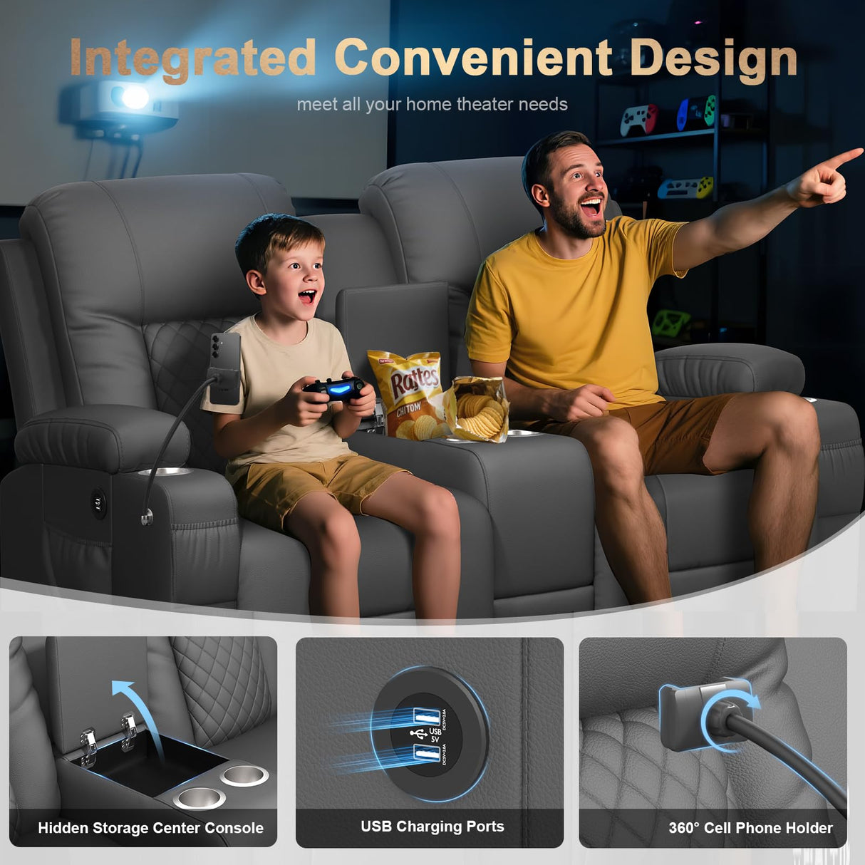 DG PEAFOWL Loveseat Recliner Sofa, Home Theater Seating with Center Console, Reclining Loveseat RV Couch with USB Ports & Phone Holders, Wall Hugger RV Sofa Furniture with Storage & Pocket DG PEAFOWL