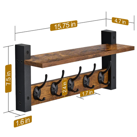 Sorbus Coat Hooks Wall Mount with Shelf – 16 Inch Coat Rack Wall Mount with 5 Heavy Duty Hooks – Floating Wall Shelf with Hooks for Entryway, Bathroom, Bedroom, Kitchen, or Mudroom (Rustic Brown) Sorbus