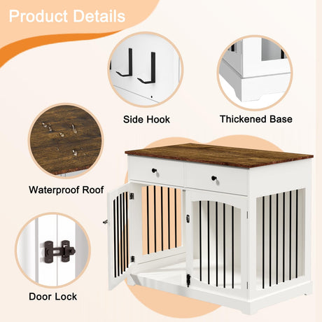 BREEZEHEAT 40 inch Dog Crate Furniture-Farmhouse Dog Kennel with Drawers-End Table Wooden Pet Crate, Double Door Design, Decorative Dog House Indoor for Small Medium Large Dog, White BREEZEHEAT