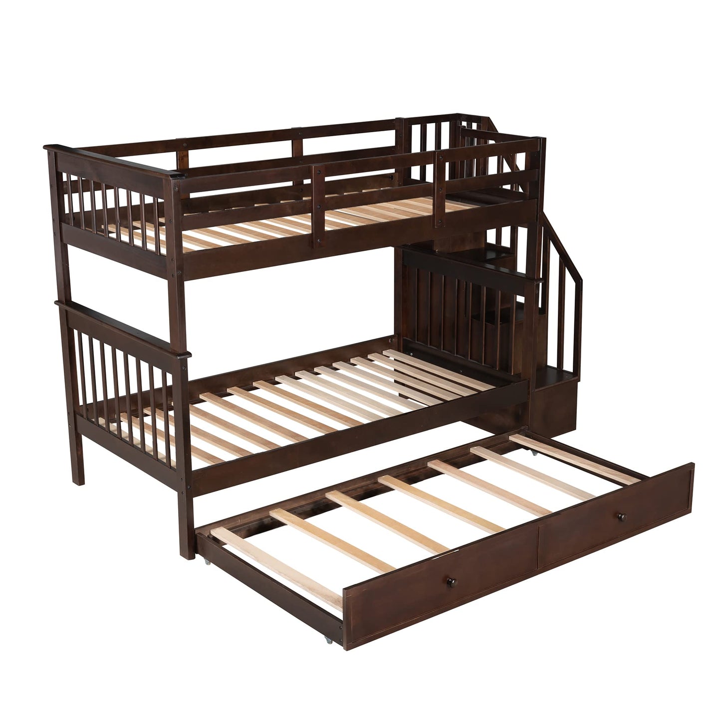 Twin Over Twin Bunk Bed with Trundle and Stairs, Solid Wood Bunk Beds Frame with Storage for Kids, Teens, Adults, Bedroom, Dorm. No Box Spring Needed (Espresso)