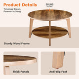 DUMOS Round Coffee Table, 32'' Wood Coffee Tables for Living Room with Storage, 2-Tier Center Circle Counter with Wooded Desktop, 50 lbs Capacity, Anti-Slip Feet, Modern Farmhouse Design, Tank DUMOS