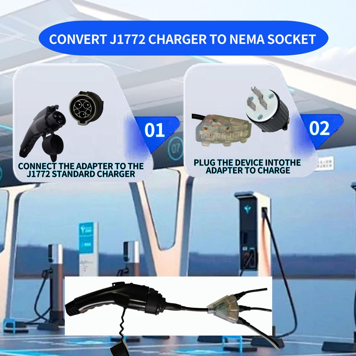 EVHIKING J1772 to Nema 5-15/5-20 Discharger, EV Station Charging Adapter with 0.25M Cable and Three Sockets,EV Adapter Plug,J1772 to Nema 5-20 for E-Bike/Scooter/One Wheel EVHIKING
