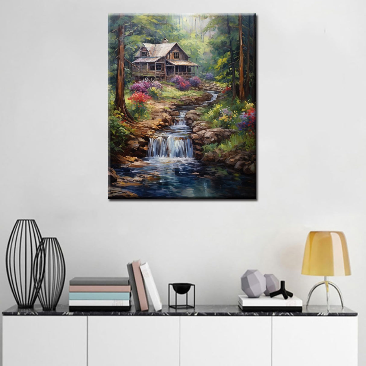 Tucocoo Forest Waterfall Paint by Numbers Kits 16x20 inch Canvas DIY Oil Painting for Adults with Brushes and Acrylic Pigment-Rustic Wood Cabin Trees Landscape Picture for Home Decor (Without Frame) Tucocoo