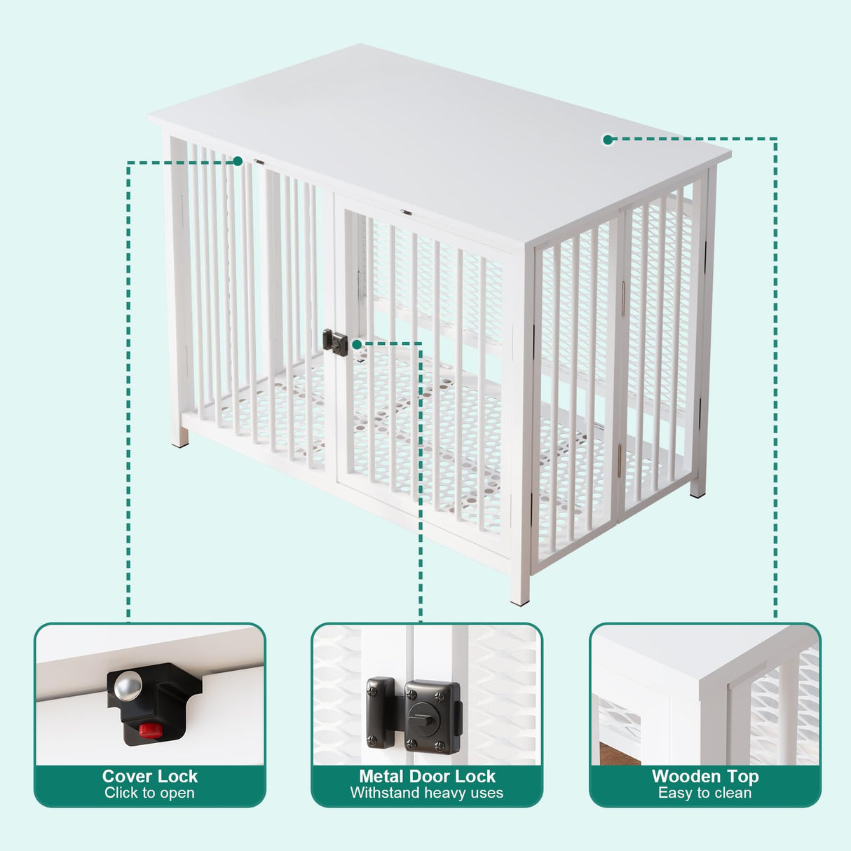 UMXES Heavy Duty Dog Crate Furniture, Fully Assembled exc. Locks, All Metal Frame & Wooden Tabletop, Modern Kennel for Small/Medium Dog, End Table, Sturdy, Foldable, White UMXES