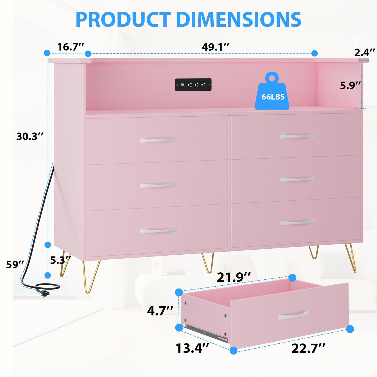 Patikuin Dresser for Bedroom with LED Light & Charging Station, 6 Drawers Wooden Dressers with Open Space, Modern Chest of Double Wide Drawers for Living Room, Entryway, Hallway TV Stand, Pink