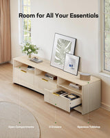 Marsail 59″ Wide TV Stand for TVs Up to 65″, Modern Entertainment Center with Fluted Panels, 3 Easy-Sliding Drawers, Open Shelves & Cable Hole, 3-Tier TV Stands for Living Room & Bedroom, Natural Oak Marsail