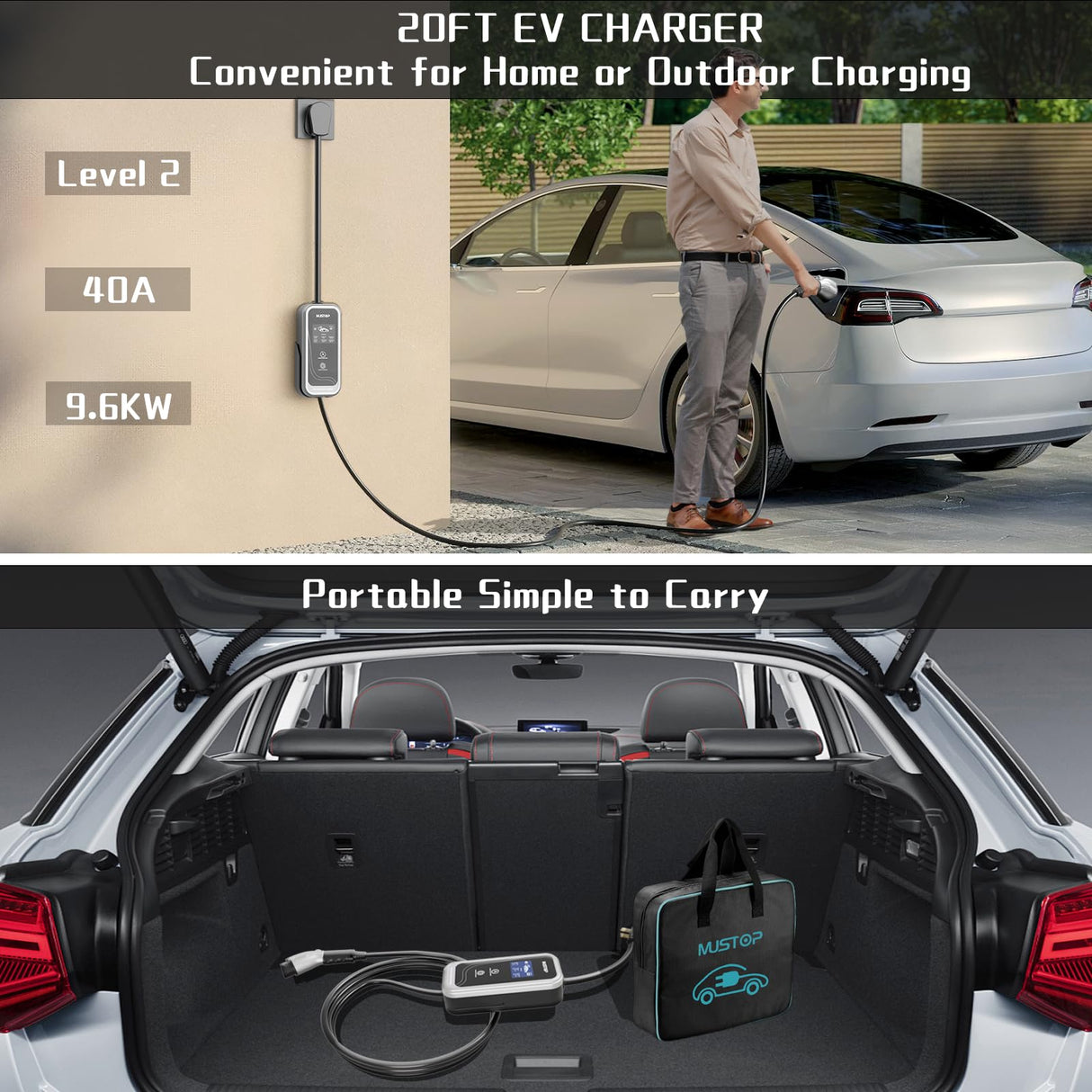 Mustop Level 1 & 2 EV Charger J1772 (40 Amp, 240 Volt, 20ft Cable),ETL Wall Connector Dual Use EV Portable NEMA 14-50 & 5-15 Wi-Fi Enabled with Holder for EV and Hybrid Vehicles mustop