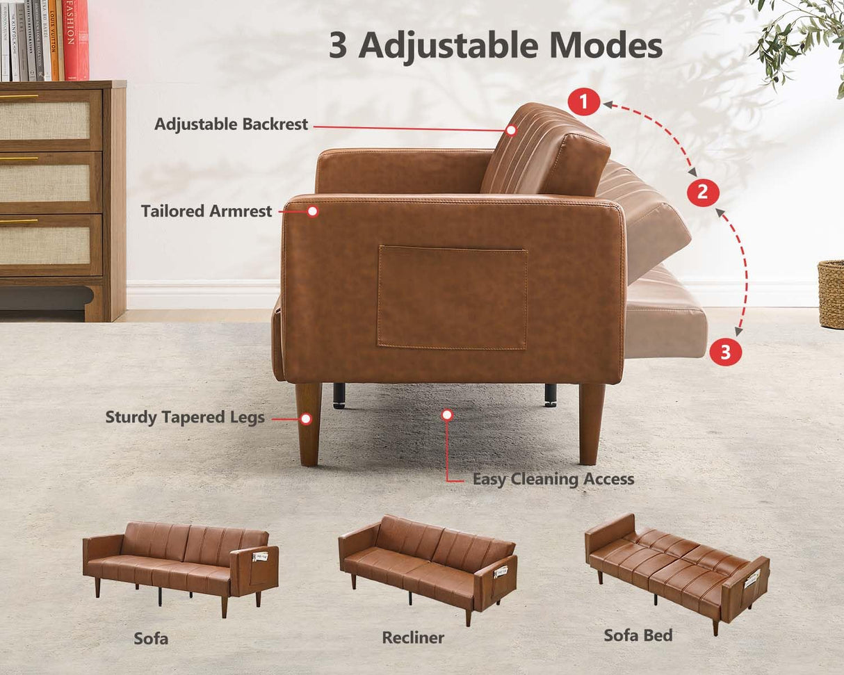 GarveeHome 75 in Futon Sofa Bed Mid-Century Futon Couch, PU Leathe Convertible Sleeper Couch with Adjustable Backrest, Loveseat and Side Pockets for Living Room & Bedroom (Brown) GarveeHome
