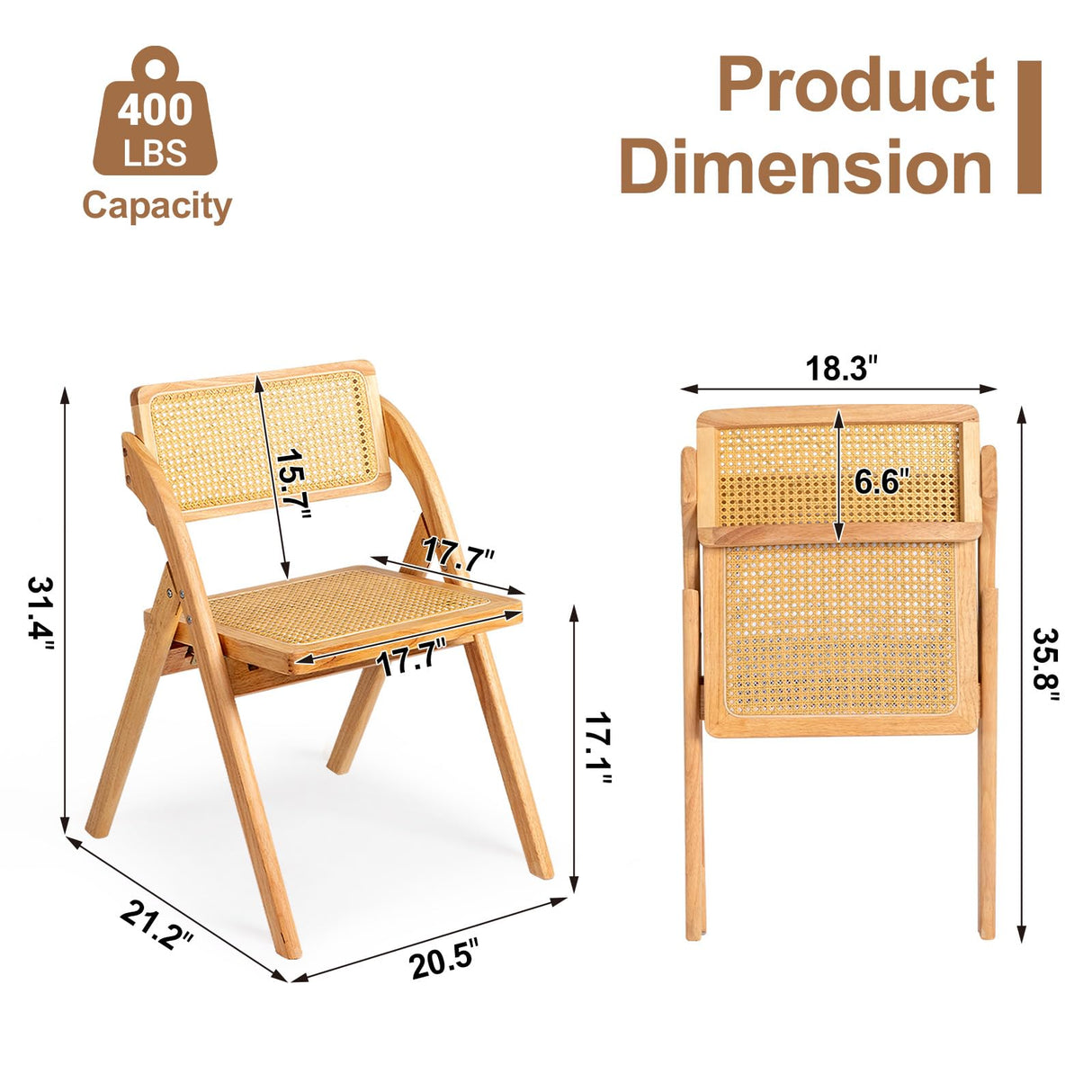 Karl home Wooden Rattan Folding Chairs 2 Pack, Portable Folding Chairs for Indoor, Ideal for Kitchen Dining Room, Office Wedding, Party, Picnic, Natural Karl home