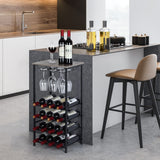 Wine Bottle Holder, Wine Rack Freestanding Floor with Glass Holder Rack, Wood Tabletop & 16 Bottles Holder, Wine Liquor Cabinet Bar for Home Kitchen, Dining Living Room, Gray Oak OYEAL