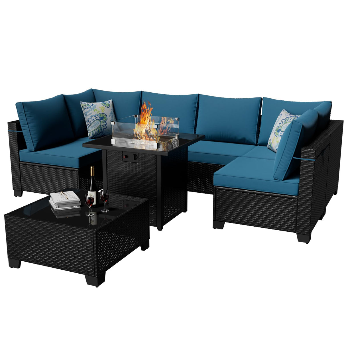 Ophelian 8 Piece Wicker Patio Furniture Set with Fire Pit Table, Rattan Outdoor Sectional Sofa, Patio Couch Set for Backyard, Garden, Deck (Coffee/Peacock Blue) Ophelian