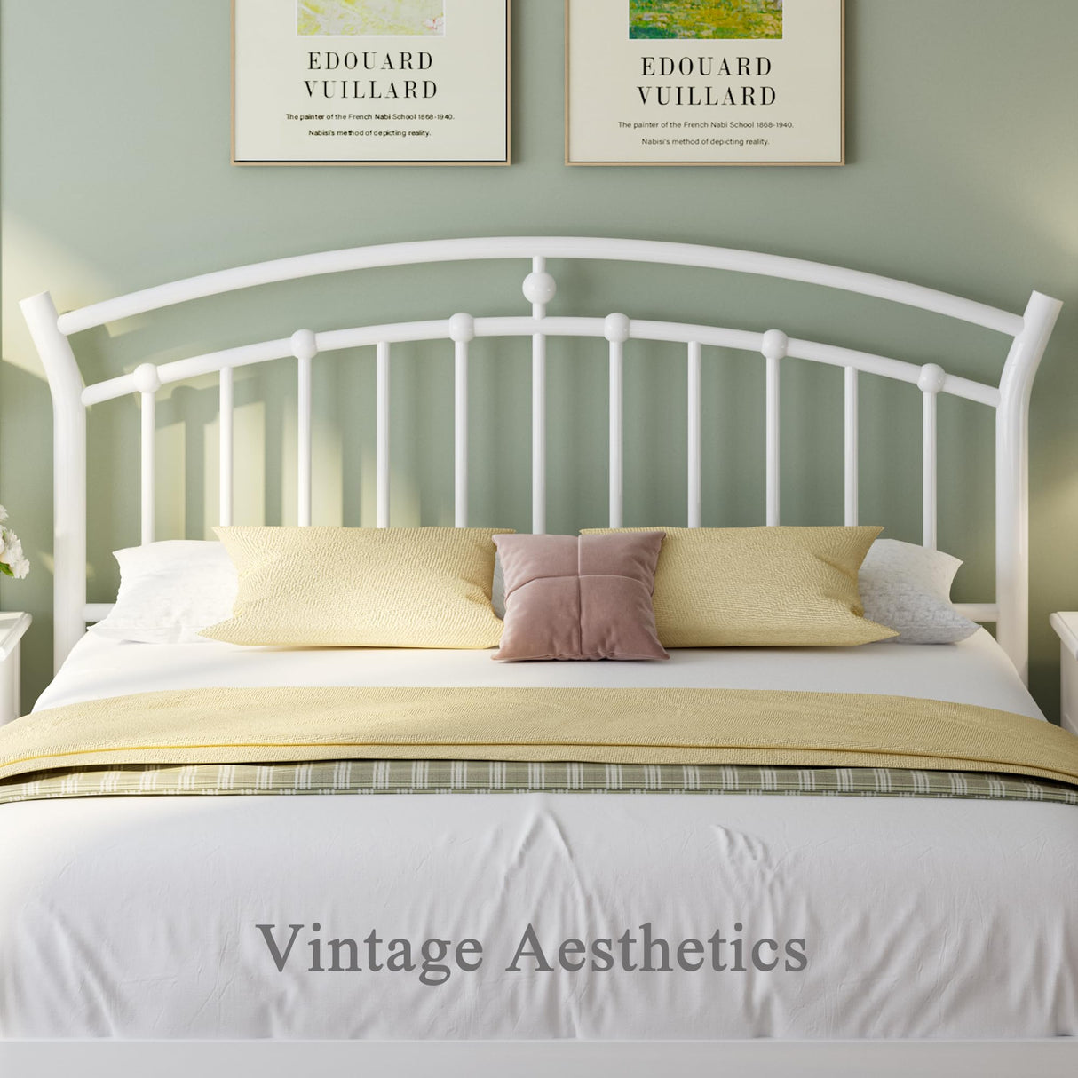 Feonase Queen Size Metal Bed Frame with Retro Headboard, Hardened Steel Tube, 12" Under-Bed Storage, No Box Spring Needed, Easy Assembly, White Feonase