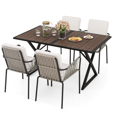 YITAHOME 5 Piece Patio Dining Set Outdoor Furniture Stackable All-Weather Comfortable Rope and Rattan Chairs Metal Frame with Faux Wood Tabletop for Courtyard Backyard Poolside Balcony, Brown & Grey YITAHOME