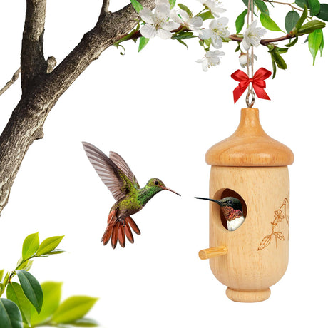 Hummingbird House, Wooden Hummingbird Houses for Outside Hanging, Nest Swinging, Wooden Bird Houses with Cotton, Bow, String, Gardening Gifts Decoration (1 Pack) Rakovar
