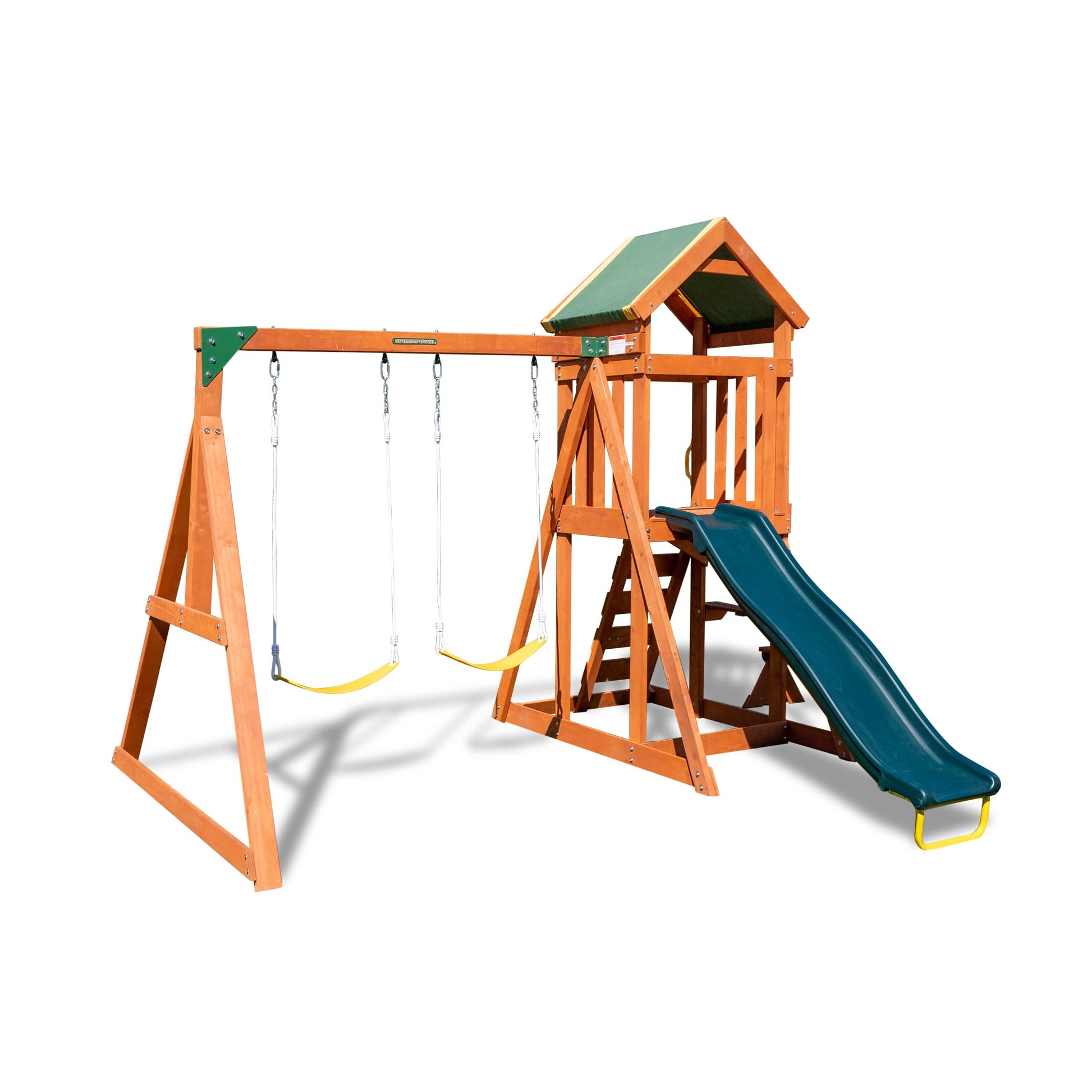 Sportspower Scottsdale Wood Swing Set: 2 Adjustable Swings, Sandbox, Rock Climber, Covered Deck, 1 Slide - Exceeds ASTM Safety Standards - WoodArtSupply