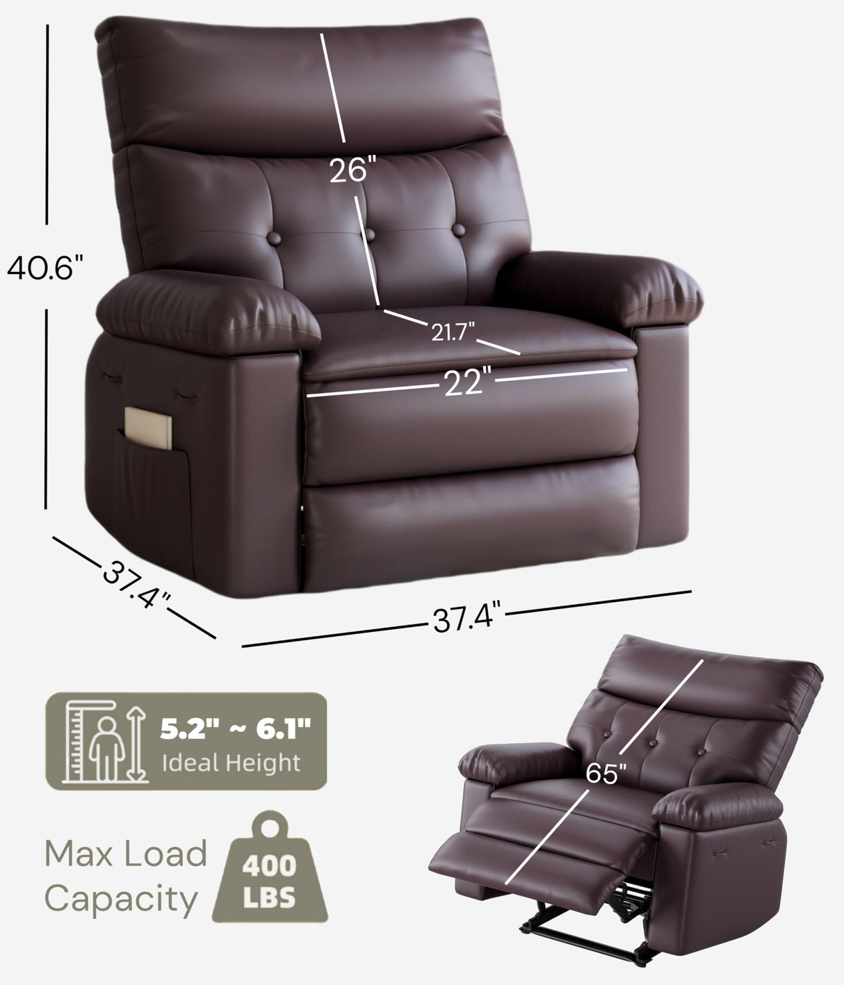 GarveeHome Oversized Recliner Chair - Faux PU Leather Manual Recliner for Adults, Lazy Chair with 1.5X Sponge Comfort Arm and Back for Living Room, Bedroom GarveeHome