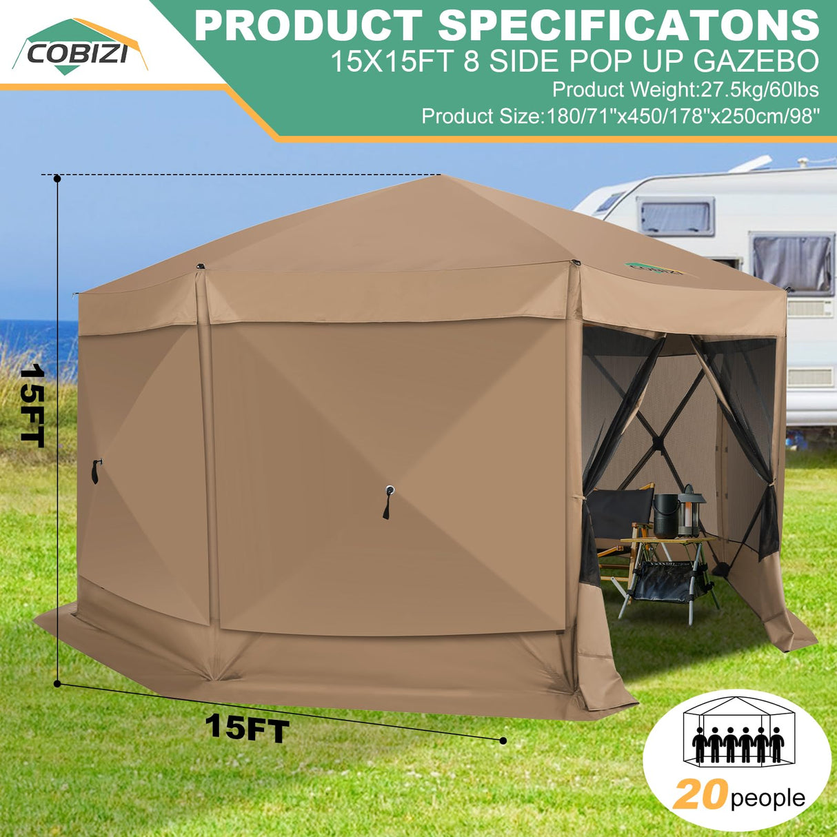 COBIZI 15x15ft Extra Large Pop-Up Gazebo Canopy Tent with Mosquito Netting, Spacious Easy Set-Up Screened Shelter, Durable Outdoor Pavilion with Ground Stakes, Perfect for Patio, Backyard, and Lawn COBIZI