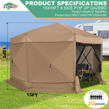 COBIZI 15x15ft Extra Large Pop-Up Gazebo Canopy Tent with Mosquito Netting, Spacious Easy Set-Up Screened Shelter, Durable Outdoor Pavilion with Ground Stakes, Perfect for Patio, Backyard, and Lawn COBIZI