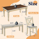 AMERLIFE 6-Piece Farmhouse Dining Table Set with 4 Upholstered Chairs and Bench, 71” Solid Wood Table, Seating for 6, for Dining Room or Kitchen, Rustic White & Walnut Finish AMERLIFE