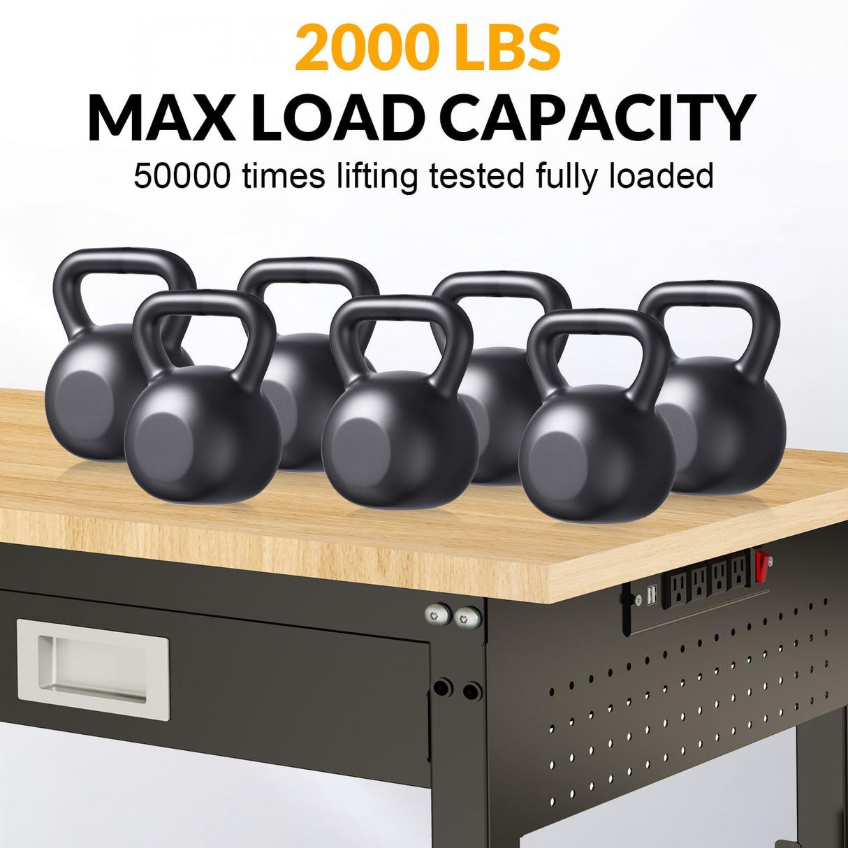 60" Workbench with Drawers, Adjustable Height Work Bench 2000 LBS Heavy-Duty Work Table Rubber Wood Work Station with Power Outlet & Pegboard for Garage, Office, Workshop, Home, Party Shop Generic