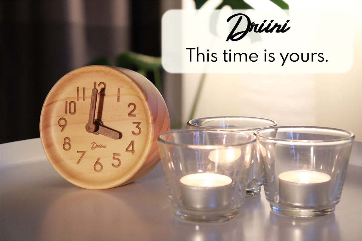 Driini Wooden Analog Desktop Clock – 4.3 in. Decorative Pinewood Clock, No-Tick Design – Easy to Read Silent Sweep Mantle Clock – Quiet Tabletop Clocks with Wood Body, Hands, & Battery Cover; Light Driini