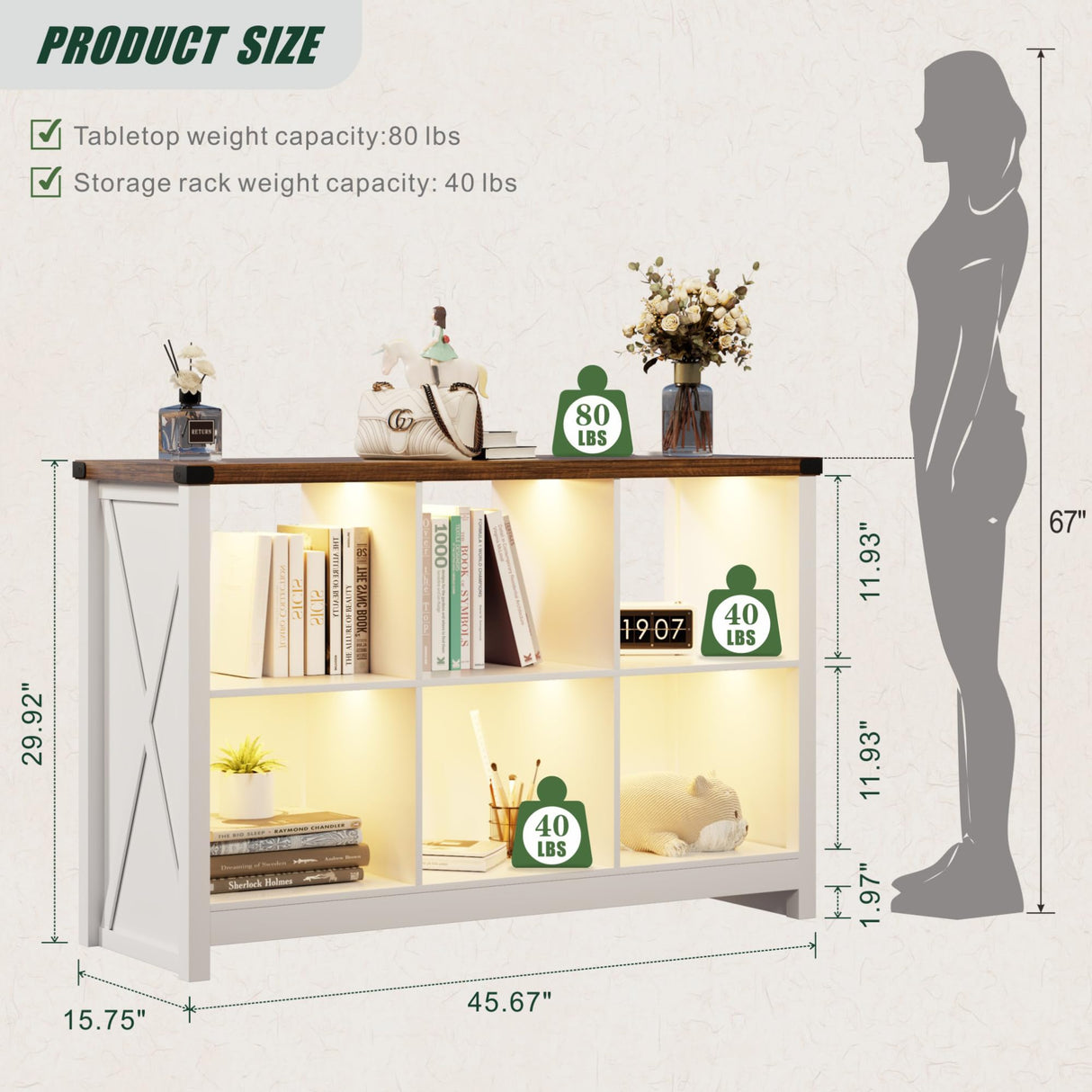 FREDEES Farmhouse White Bookcase with LED Lights – Mid Century Modern 6-Cube Shelf for Versatile Storage and Display FREDEES