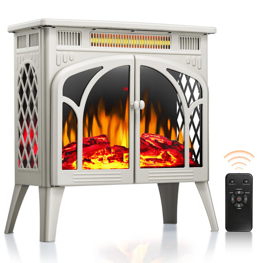 Electric Fireplace Heater with Remote, 24” Portable Infrared Fireplace Stove with Multiple 3D Flame, Adjustable Brightness,Timer 5100BTU Freestanding Electric Fireplace Heaters for Indoor Use Beige