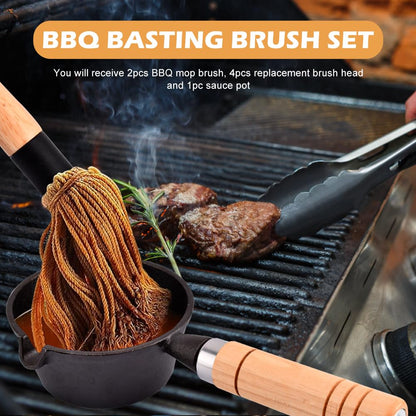 Cast Iron Sauce Pot and BBQ Mop Brush, BBQ Mop Brush 4PC Replacement Head BBQ Basting Set with Saucepan and Long Handle Brush for Grilling(brown,beige,black)